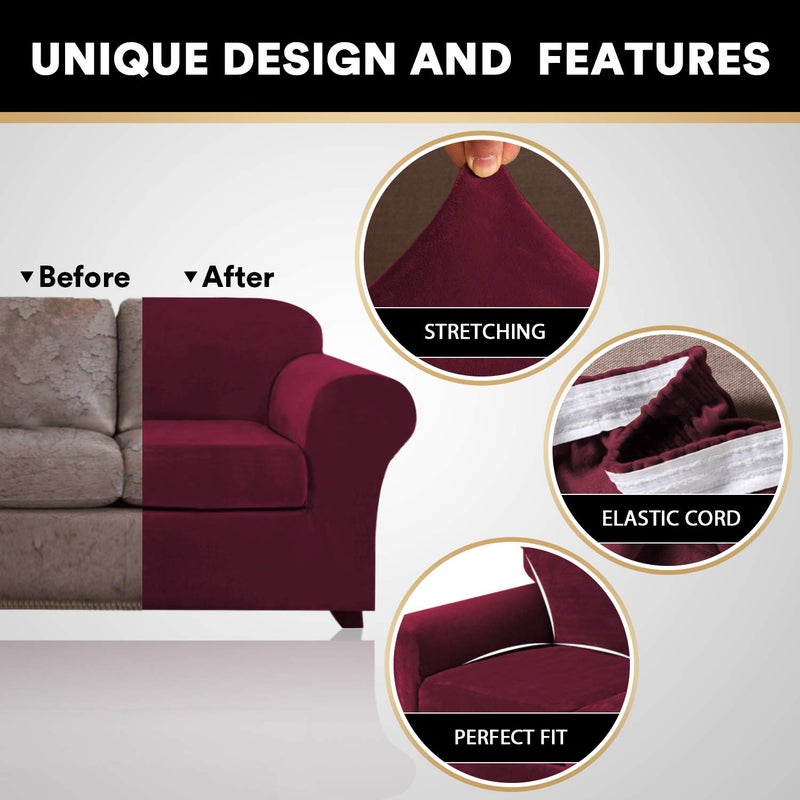 PrinceDeco Velvet Plush Couch Cover Stretch 2 Piece Chair Cover Chair Slipcover Washable Furniture Protector Couch Soft with Elastic Bottom Armchair Cover Width Up to 49 Inch(Small, Burgundy) - Image 3